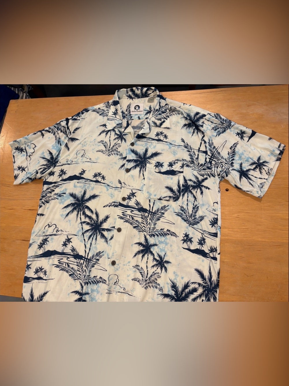 Ocean Current ~ White & Navy Palm-Print Short Sleeve Shirt Hawaiian